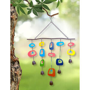 Colorful Wind Chime Bells Geometric Metal Art Large Outdoor Hanging 20” Wide26”